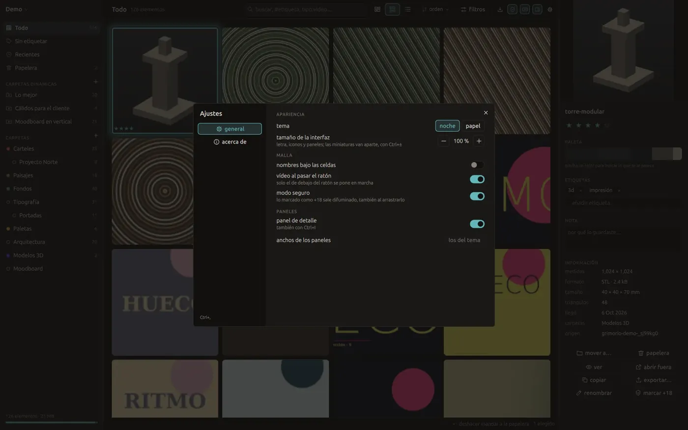 The settings panel with night or paper theme, interface size, and grid and panel options