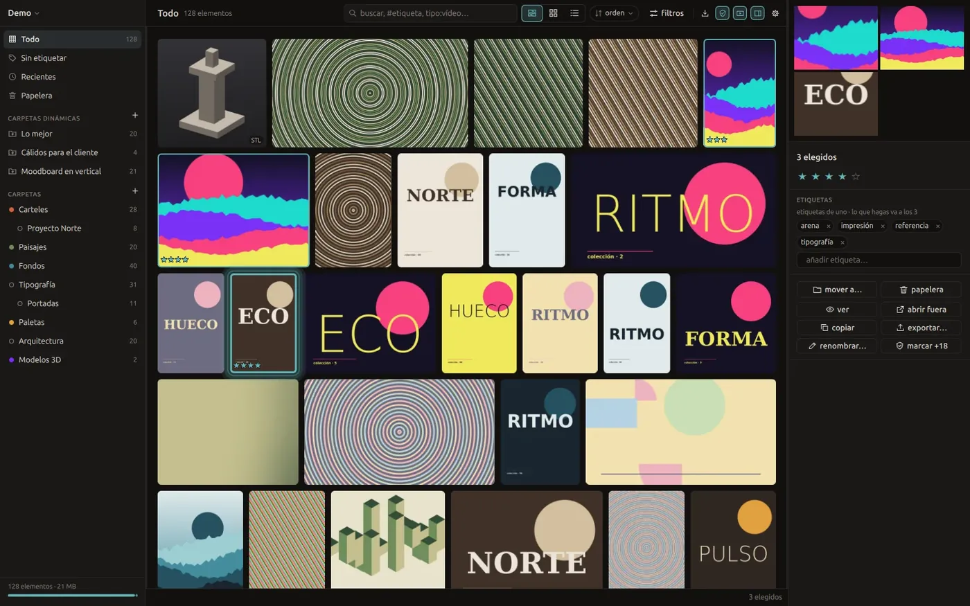 A 3D model selected in the grid and the detail panel with its palette, tags, note and technical info