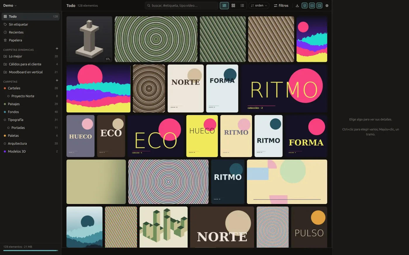 The Grimorio window with the folder sidebar on the left and the image grid in the middle
