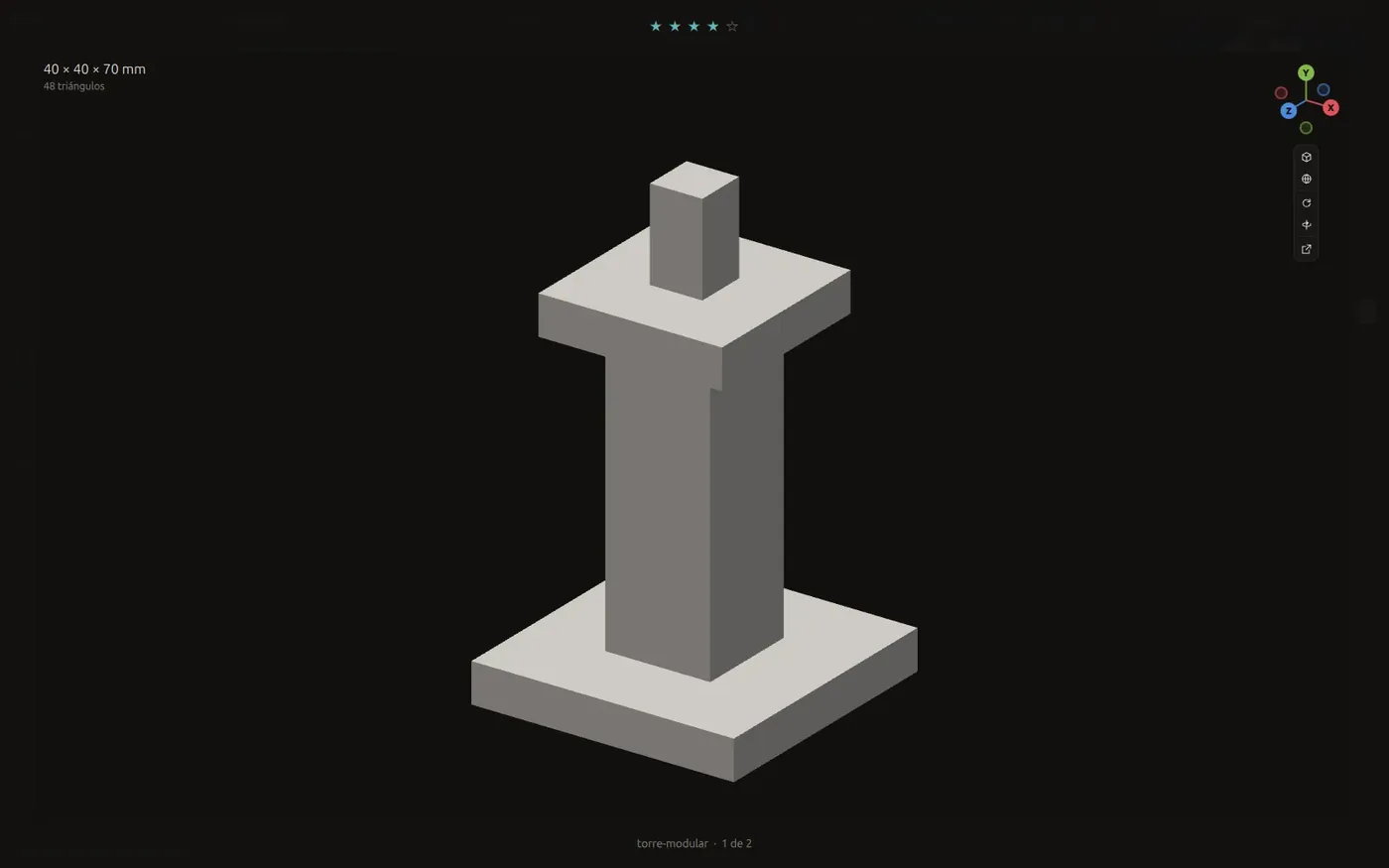 A 3D model in the viewer with its dimensions at the top left and colored axes at the top right