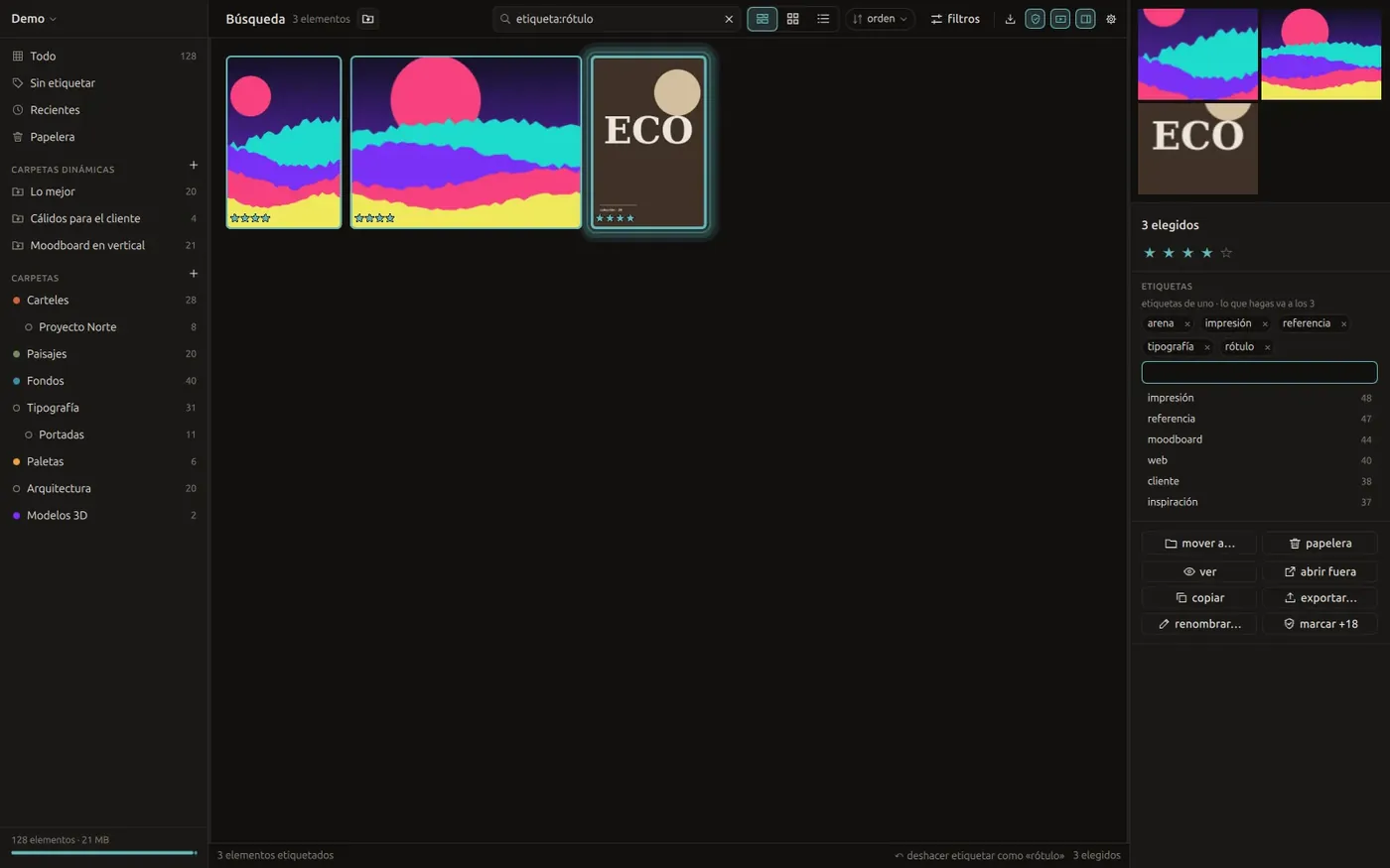 The search box with a tag filter typed in and the grid showing only three items