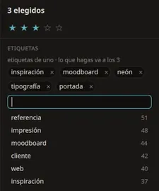 El panel de etiquetas con tres elementos elegidos y la lista de sugerencias abierta.