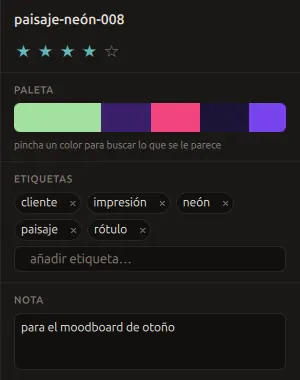 El panel de detalle de un paisaje con sus estrellas, su paleta, sus etiquetas y la nota «para el moodboard de otoño».
