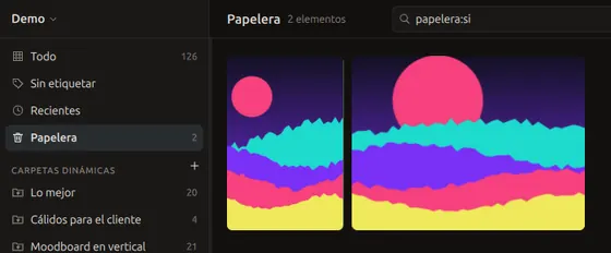 La papelera de Grimorio con dos elementos y el botón para vaciarla.