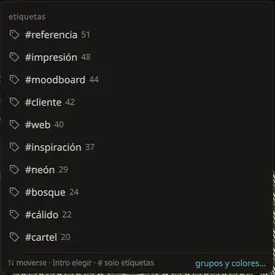 El buscador con «#» escrito y la lista de etiquetas con cuántos elementos tiene cada una.